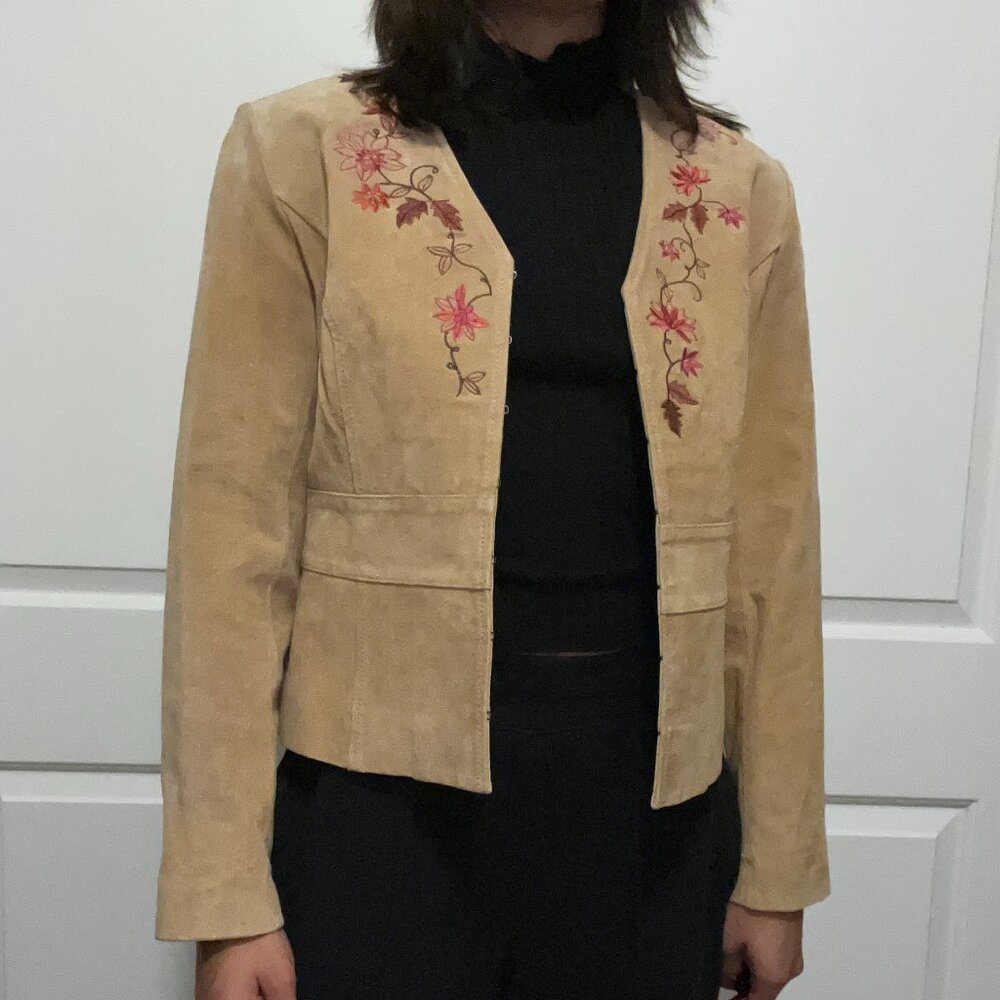 Vintage-Inspired Nubuck Leather Jacket with Embroidered Floral Detail